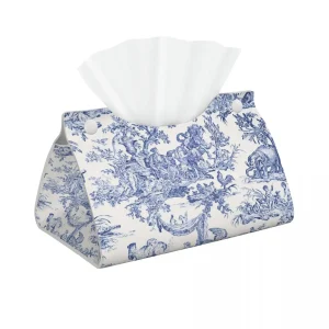 Custom Navy Blue Toile De Jouy Tissue Box Cover Rectangular PU Leather French Countryside Floral Facial Tissues Holder for Car 1