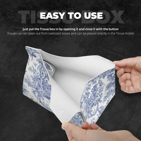 Custom Navy Blue Toile De Jouy Tissue Box Cover Rectangular PU Leather French Countryside Floral Facial Tissues Holder for Car 4