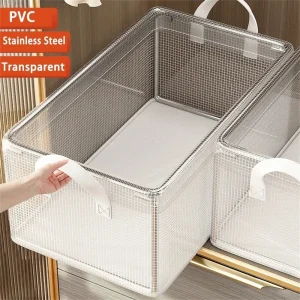 PVC Transparent Storage Basket for Clothes Underwear Storage Box Stainless Steel Frame Wardrobe Organizer Waterproof Cloth Box 1