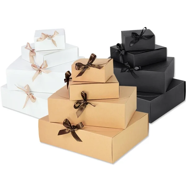 Kraft Paper Gift Box With Decorative Bow Ribbons Multiple Sizes Wedding Birthday Party DIY Painting Craft Present package supply 5