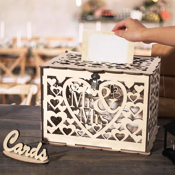 Wooden Wedding Gifts Card Boxes With Lock Mr&Mrs Couple Flower Pattern Envelope Sign Cards Wood Box DIY Rustic Wedding Supplies 1