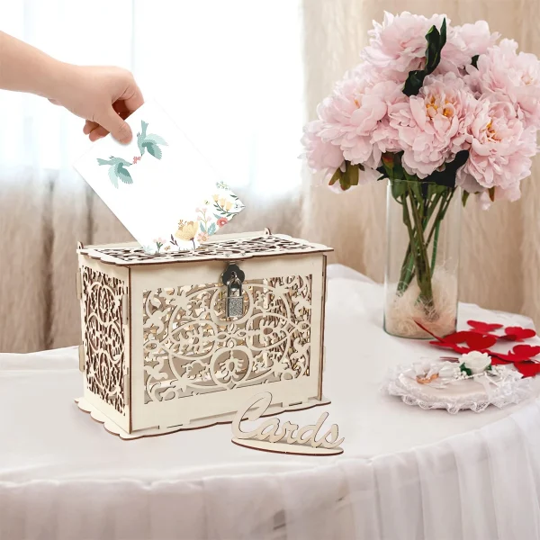 Wooden Wedding Gifts Card Boxes With Lock Mr&Mrs Couple Flower Pattern Envelope Sign Cards Wood Box DIY Rustic Wedding Supplies 2