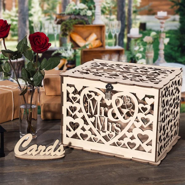 Wooden Wedding Gifts Card Boxes With Lock Mr&Mrs Couple Flower Pattern Envelope Sign Cards Wood Box DIY Rustic Wedding Supplies 3