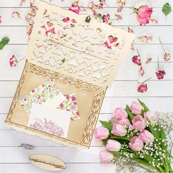 Wooden Wedding Gifts Card Boxes With Lock Mr&Mrs Couple Flower Pattern Envelope Sign Cards Wood Box DIY Rustic Wedding Supplies 4
