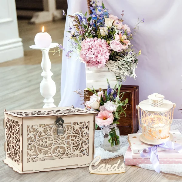 Wooden Wedding Gifts Card Boxes With Lock Mr&Mrs Couple Flower Pattern Envelope Sign Cards Wood Box DIY Rustic Wedding Supplies 5