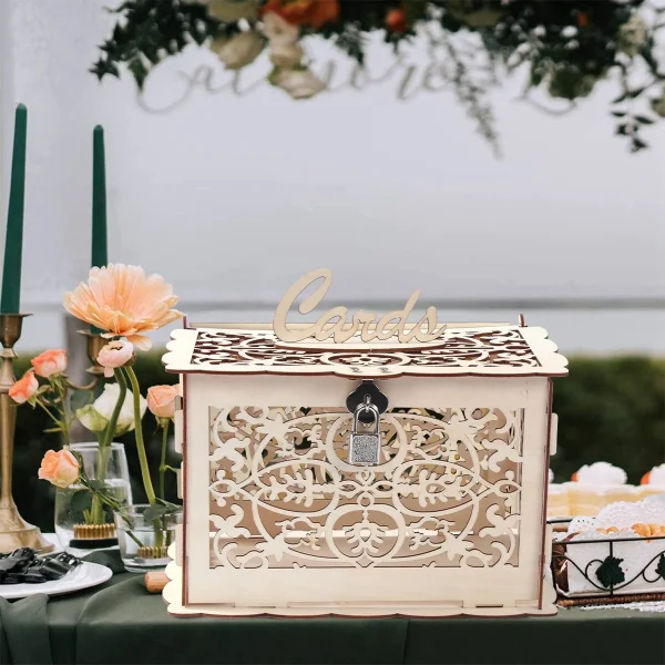 Wooden Wedding Gifts Card Boxes With Lock Mr&Mrs Couple Flower Pattern Envelope Sign Cards Wood Box DIY Rustic Wedding Supplies 6