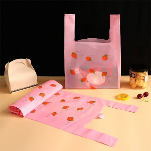 Hand-carrying shopping packaging bag, jewelry gift vest bag, cute pink strawberry plastic packaging bag 1