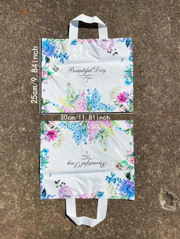 10pcs Blue Flower And Bird Style Tote Bag, Beautiful Day Printed Shopping Plastic Bags, Dress Gift Item Package For Party Event 3