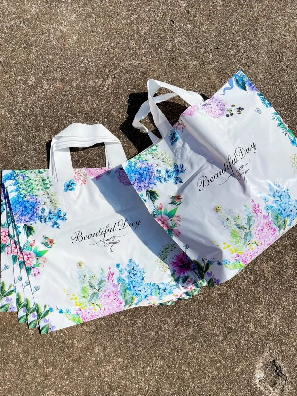 10pcs Blue Flower And Bird Style Tote Bag, Beautiful Day Printed Shopping Plastic Bags, Dress Gift Item Package For Party Event 4