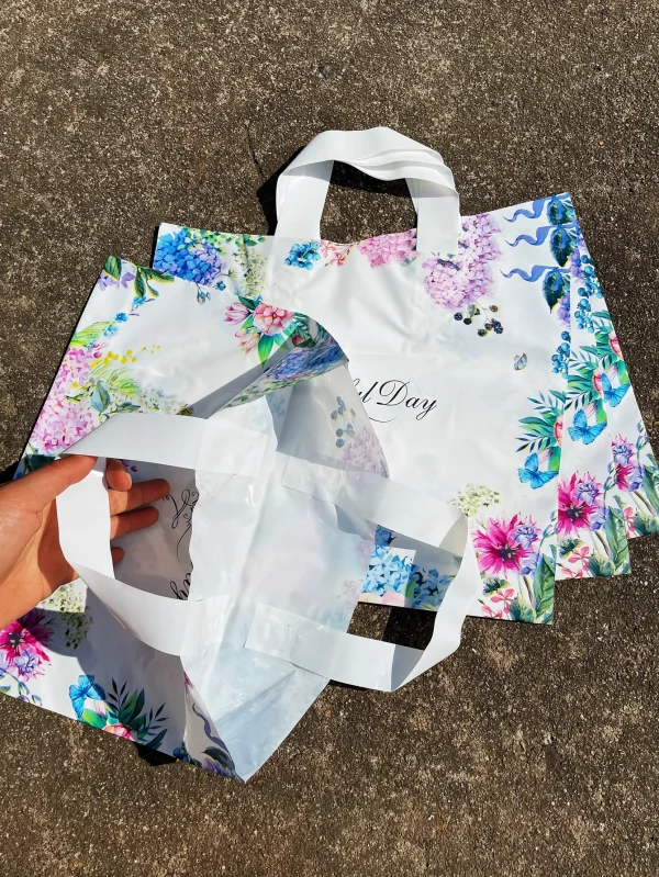 10pcs Blue Flower And Bird Style Tote Bag, Beautiful Day Printed Shopping Plastic Bags, Dress Gift Item Package For Party Event 5