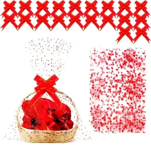 20/50 pice heart-print cellophane gift bag with ribbon bow for weddings, bridal shower, birthdays, Christmas 1