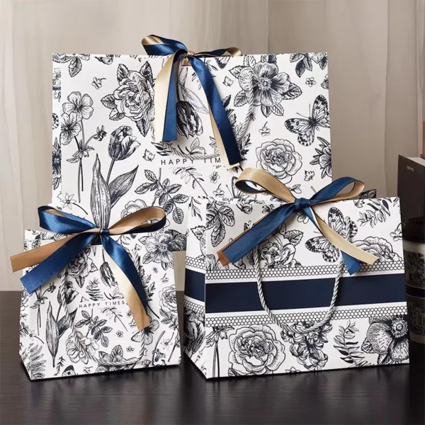 1PCS New Gift Bags Mother's Day Gift Wrapping Bags Floral Paper Bags Tote Bags Birthday Paper Bags Premium Gift Bags with Ribbon 2