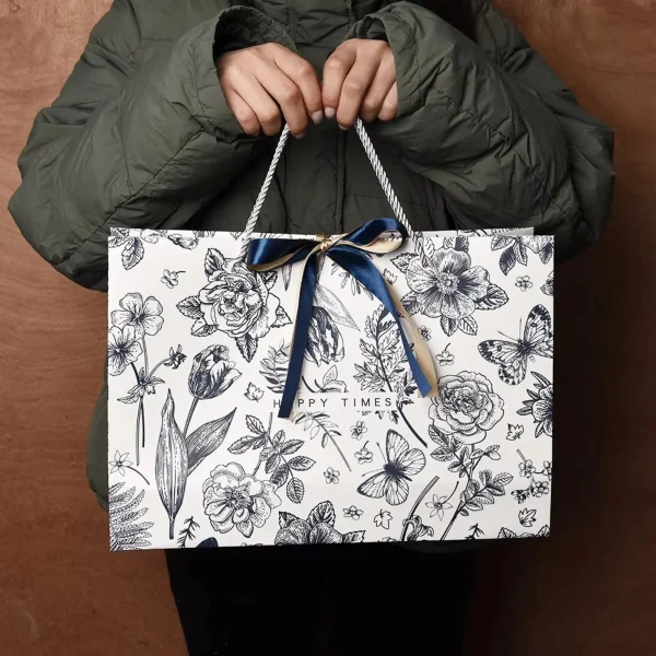1PCS New Gift Bags Mother's Day Gift Wrapping Bags Floral Paper Bags Tote Bags Birthday Paper Bags Premium Gift Bags with Ribbon 4