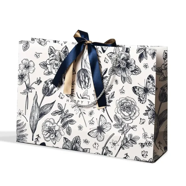 1PCS New Gift Bags Mother's Day Gift Wrapping Bags Floral Paper Bags Tote Bags Birthday Paper Bags Premium Gift Bags with Ribbon 6