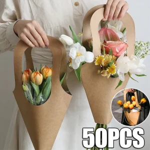 50PCSFashion Florist Rose Box Kraft Paper Wedding Handheld Decorative Flowers Boxes Birthday Party Packaging Gift Bag Decoration 1