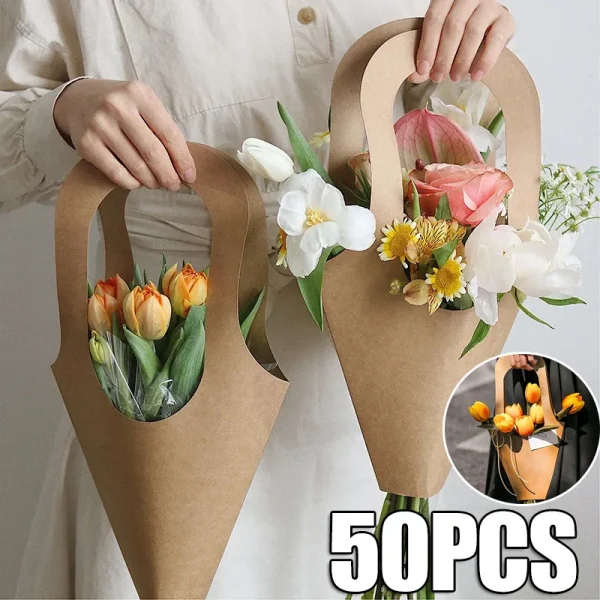 50PCSFashion Florist Rose Box Kraft Paper Wedding Handheld Decorative Flowers Boxes Birthday Party Packaging Gift Bag Decoration 1
