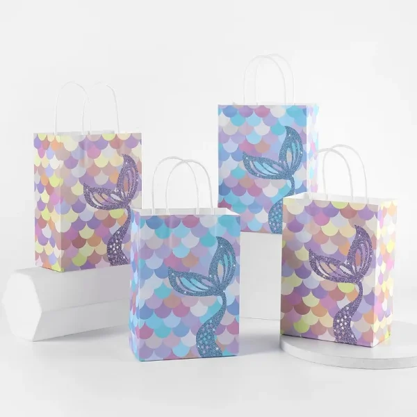 10 pcs Mermaid Handle Kraft Paper Gift Bags Festival Party Cookie Candy Packaging Box Favors Supplies 2