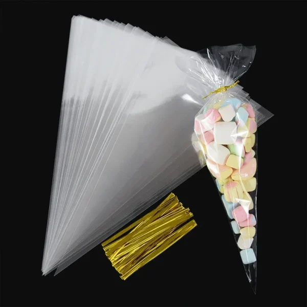 50pcs Clear Cone Candy Storage Bags Cones Transprant Plastic Bag Popcorn Candy Bags for Baby Shower Wedding Party Bags Supplies 1