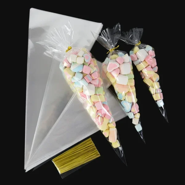 50pcs Clear Cone Candy Storage Bags Cones Transprant Plastic Bag Popcorn Candy Bags for Baby Shower Wedding Party Bags Supplies 2