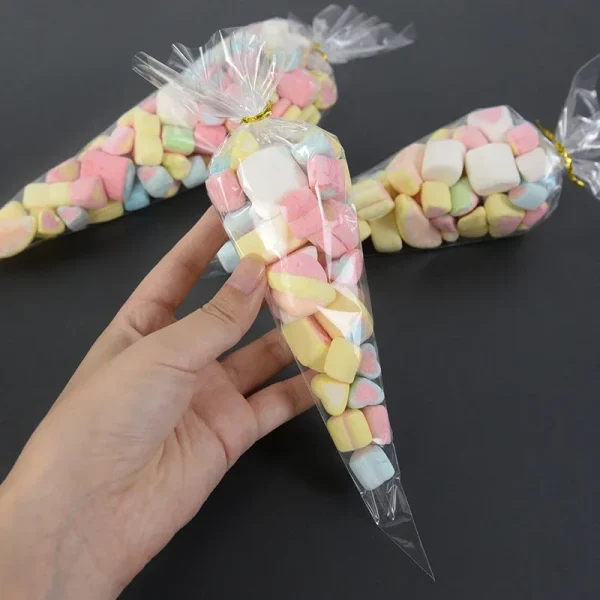 50pcs Clear Cone Candy Storage Bags Cones Transprant Plastic Bag Popcorn Candy Bags for Baby Shower Wedding Party Bags Supplies 3