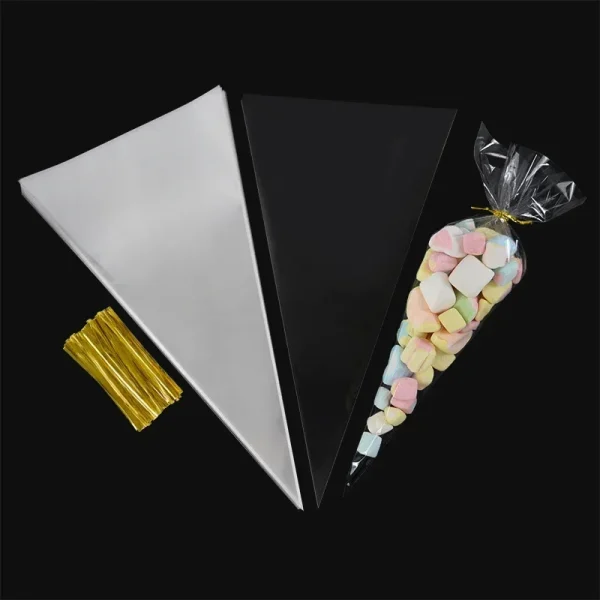 50pcs Clear Cone Candy Storage Bags Cones Transprant Plastic Bag Popcorn Candy Bags for Baby Shower Wedding Party Bags Supplies 4