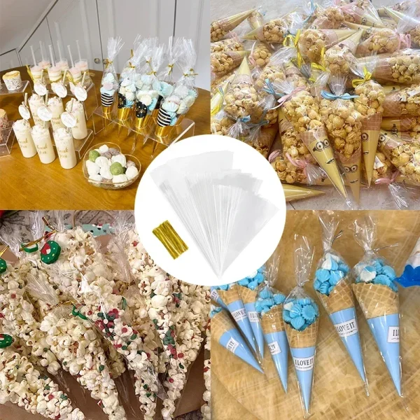 50pcs Clear Cone Candy Storage Bags Cones Transprant Plastic Bag Popcorn Candy Bags for Baby Shower Wedding Party Bags Supplies 5