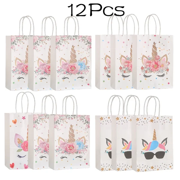 12Pcs Cartoon Unicorn Theme Paper Gift Packaging Bag with Handle Shopping Tote Bag  for Kids Birthday Baby Shower Party Decor 1