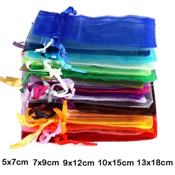 50/100pcs Colorful Organza Gift Bag 5x7 7x9 9x12 10x15 13x18cm Christmas Party Wedding Candy Jewelry Packaing Drawstring pouches 1