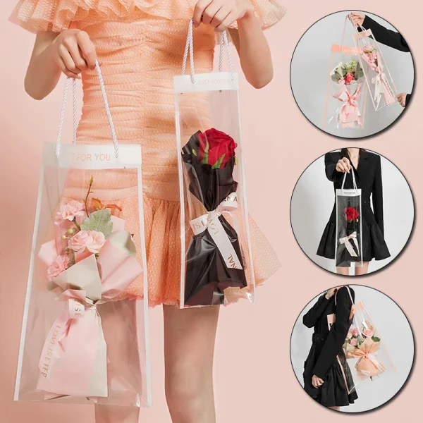 10pcs For Bouquet Gift Bag Packaging Bags Flowers Wrapping Transparent With Handle Florist Plastic Bag Party Supplies 1