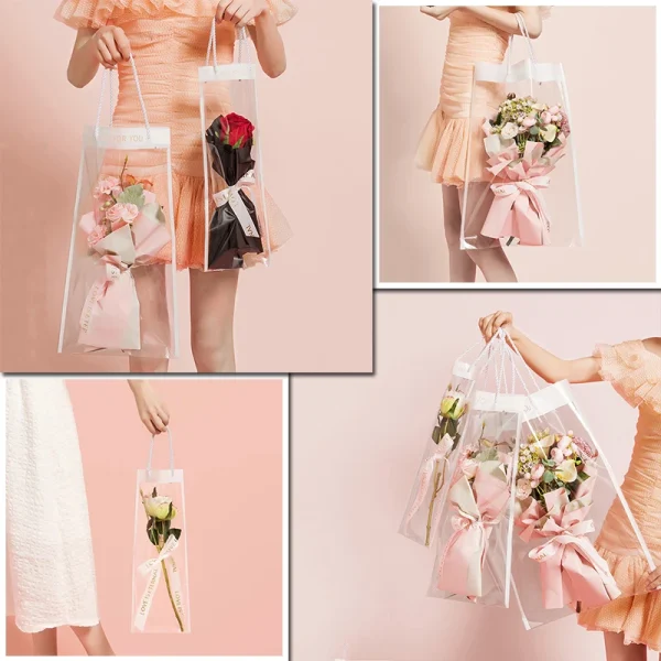 10pcs For Bouquet Gift Bag Packaging Bags Flowers Wrapping Transparent With Handle Florist Plastic Bag Party Supplies 5