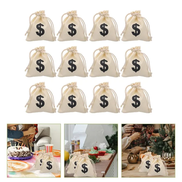 12 Pcs Dollar Drawstring Bag Snack Favor Bags Money Pouch Gift Sign Canvas Game Coins Candy 5