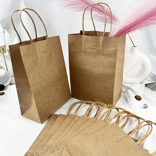10pcs-Solid color gift bags with handles, kraft paper bags, gift candy bags, suitable for gift packaging, wedding grocery bags 2