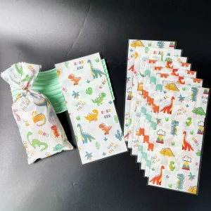 50pcs Cute Little Dinosaur Design Gift Candy Decorated OPP Flat Pocket With Gold Tie-in, Cartoon Animal Volcano Printed Gift Bag 1