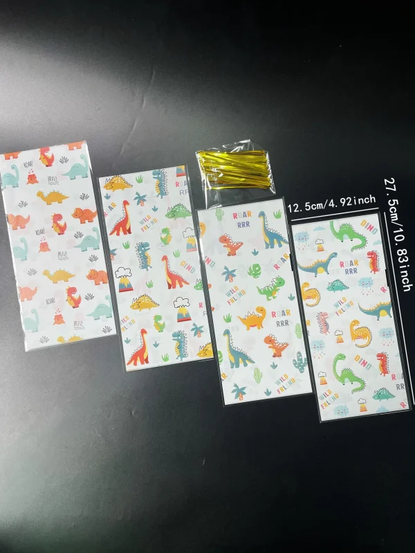 50pcs Cute Little Dinosaur Design Gift Candy Decorated OPP Flat Pocket With Gold Tie-in, Cartoon Animal Volcano Printed Gift Bag 2