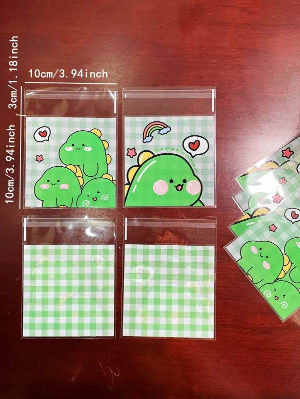 100pcs Green Dinosaur Graffiti Gift Packaging OPP Self-Sealing Bag, Green Grid Heart Rainbow Pattern Gift Card Decor OPP Bags 2