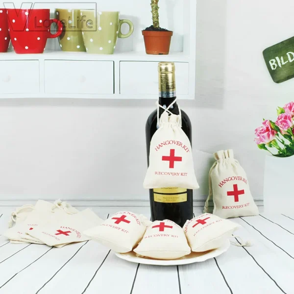10/30pcs Wedding Favor Holder Bag Hangover Kit Bags for Guests Gift Red Cross Cotton Linen Pouches Festival Event Party Supplies 2