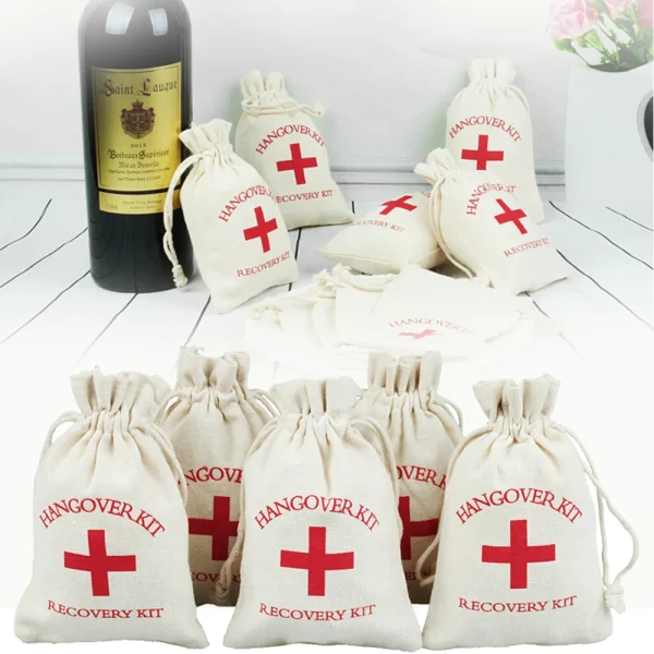 10/30pcs Wedding Favor Holder Bag Hangover Kit Bags for Guests Gift Red Cross Cotton Linen Pouches Festival Event Party Supplies 3