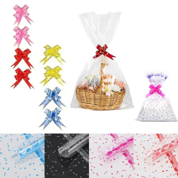 10/30pcs Large Cellophane Bags with Pull Bow Transparent Basket Colorful Bow Basket Making Holiday Gift Gift Packaging 1