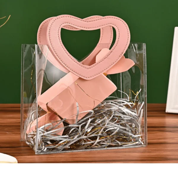 1pc Pink Gift Bag With Heart-shaped Handles,Bridal Party,Clear Gift Bag,Heart Shape,Anniversary,Valentine's,Handmade Gift Box 4