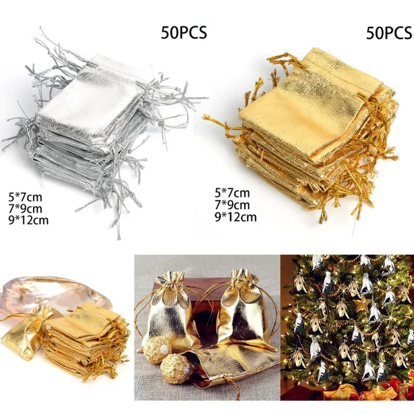 50pcs Gold Silver Metallic Organza Drawstring Pouches Candy Gift Bag For Wedding Christmas Candy Gift Bags Jewelry Packing 1