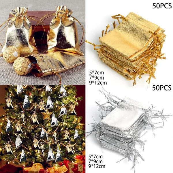 50pcs Gold Silver Metallic Organza Drawstring Pouches Candy Gift Bag For Wedding Christmas Candy Gift Bags Jewelry Packing 2