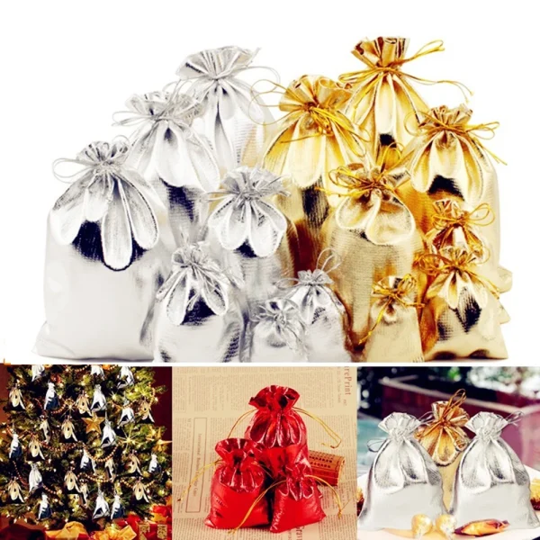 50pcs Gold Silver Metallic Organza Drawstring Pouches Candy Gift Bag For Wedding Christmas Candy Gift Bags Jewelry Packing 3