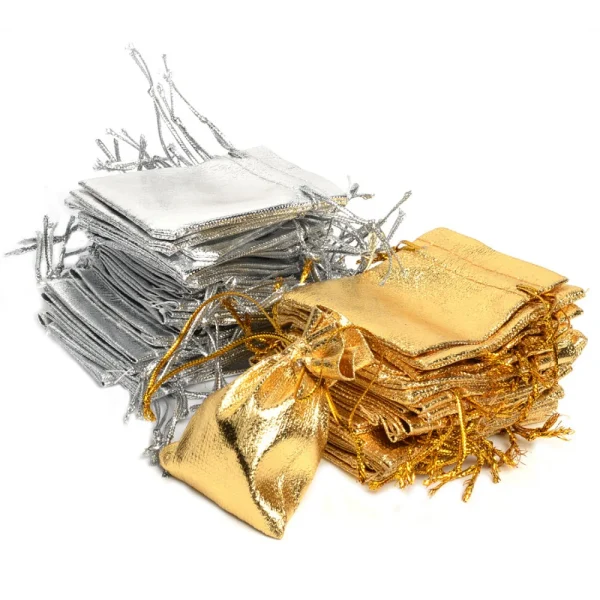 50pcs Gold Silver Metallic Organza Drawstring Pouches Candy Gift Bag For Wedding Christmas Candy Gift Bags Jewelry Packing 4