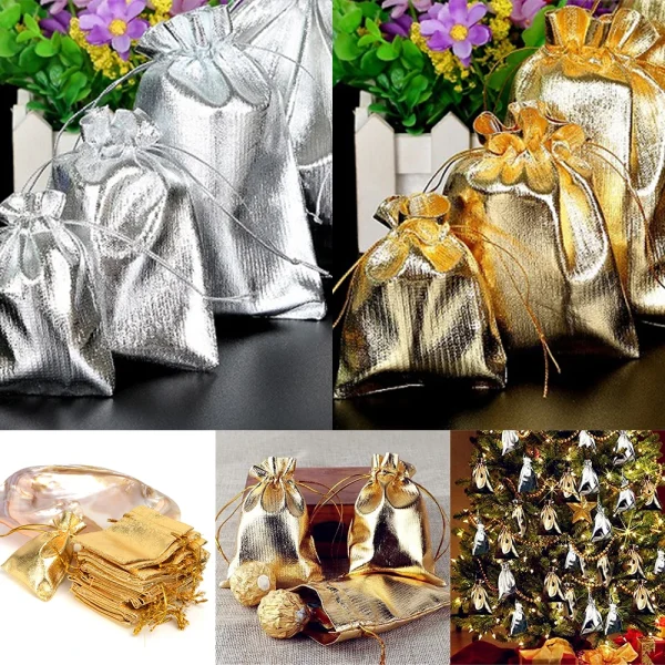 50pcs Gold Silver Metallic Organza Drawstring Pouches Candy Gift Bag For Wedding Christmas Candy Gift Bags Jewelry Packing 5