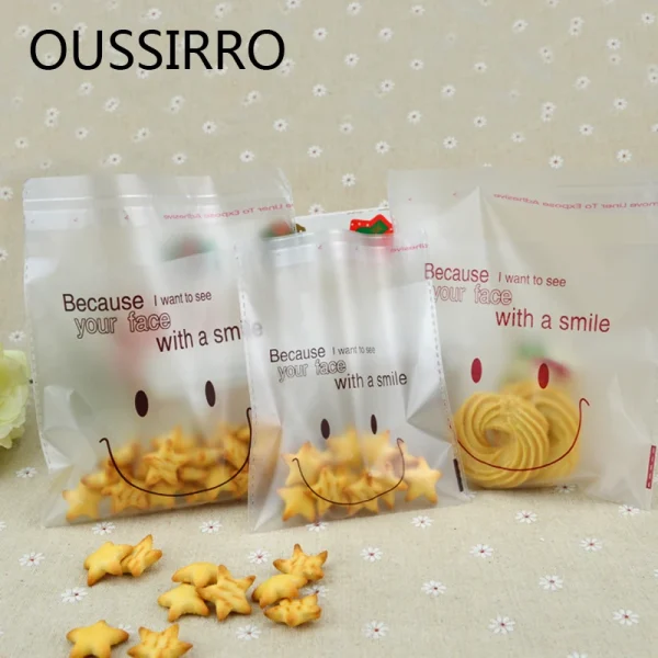 50Pcs Frosted Smile Face Bag Biscuit Candy Self-adhesive Bag DIY Baking Package Food Packaging Bags  Festival Party 14cm*14cm 1