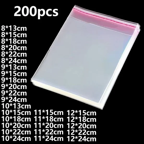 200pcs Transparent Self-Adhesive Plastic Bags for Cookies Candies Jewelry Gifts Postcards - Cellophane Packaging Pouches 5-silk 1