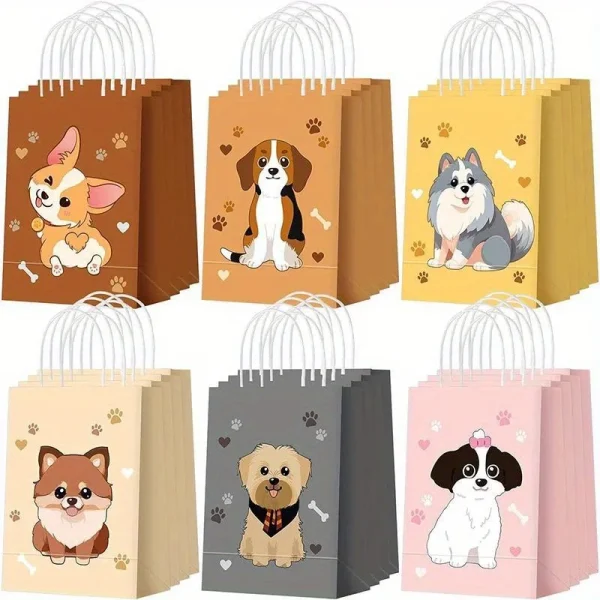 12/24 Pcs Cute Puppy Paper Bag with Handle Dog Birthday Party Candy Treat Bag Kid Birthday Party Favor Goodie Bag 1