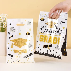 10/20/50pcs Black White Graduation Plastic Gifts Bags, Congrats GRAD Handheld Bags Candy Biscuit Baking Gift Wrapping Favor Bag 1