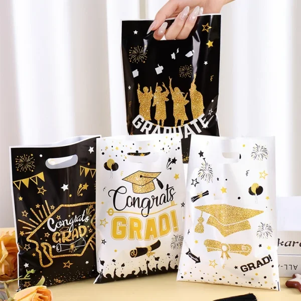 10/20/50pcs Black White Graduation Plastic Gifts Bags, Congrats GRAD Handheld Bags Candy Biscuit Baking Gift Wrapping Favor Bag 2