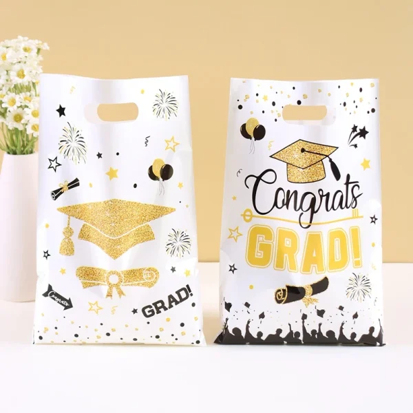 10/20/50pcs Black White Graduation Plastic Gifts Bags, Congrats GRAD Handheld Bags Candy Biscuit Baking Gift Wrapping Favor Bag 3